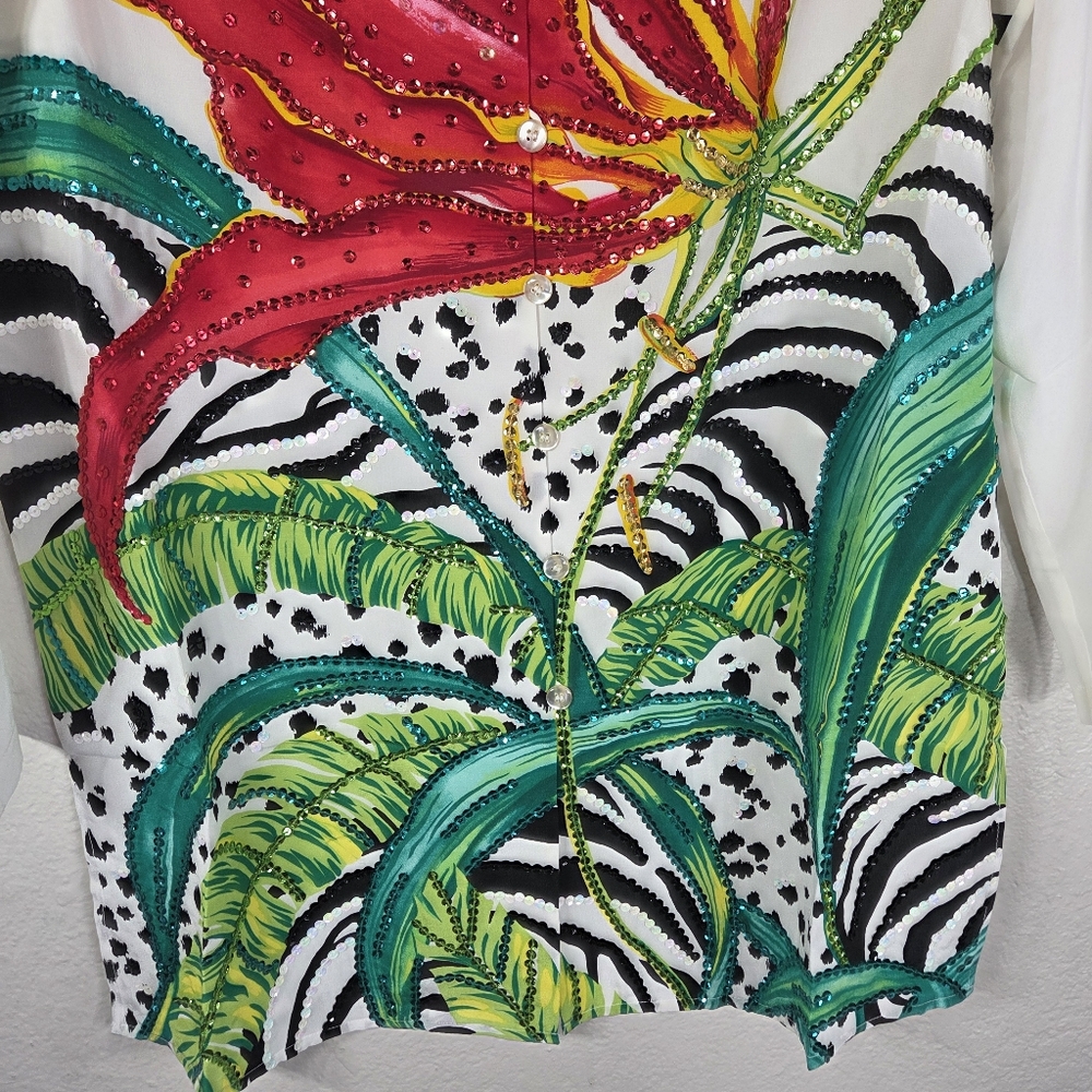 Diane Gilman Silk Beaded Vintage Size M ButtonUp Floral Tunic Blouse White Red - Picture 5 of 16